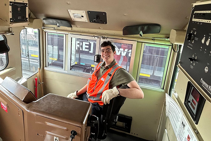 Alex Walker gets the chance to sit in a locomotive cab. 