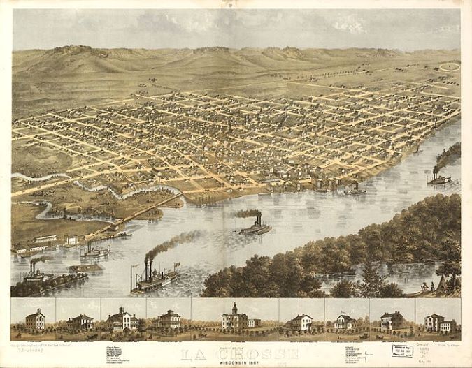 Panoramic illustration of La Crosse in 1867.